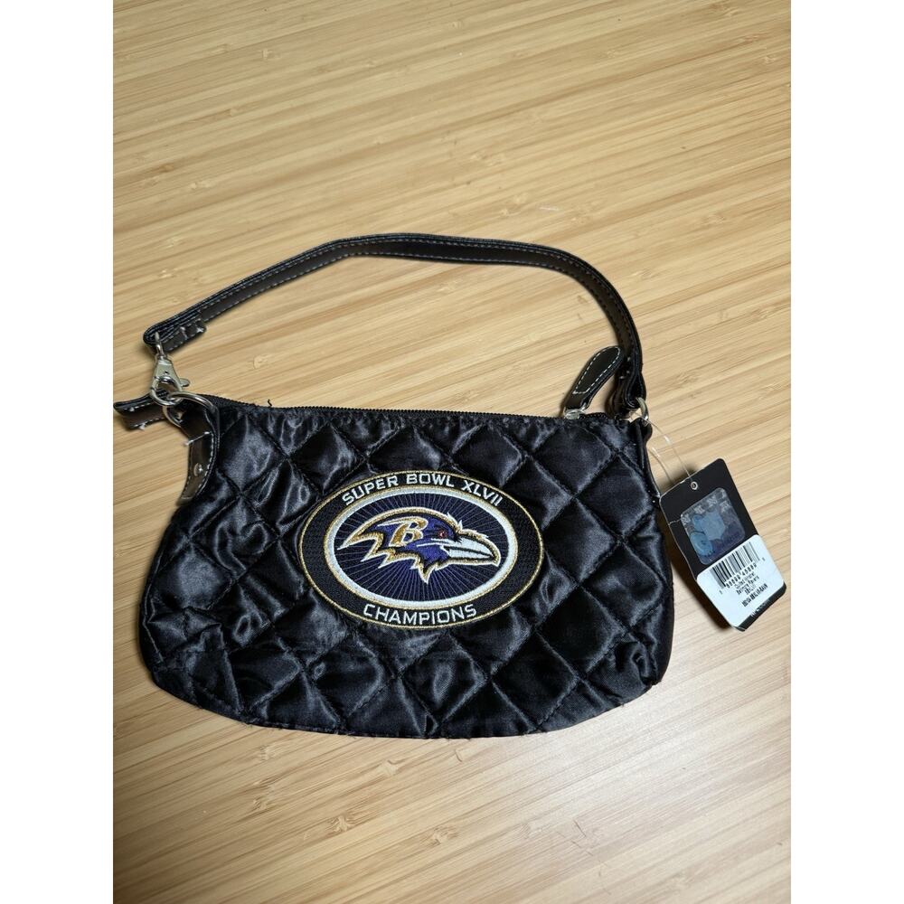 NWT Baltimore Ravens Super Bowl XLVII Quilted Wristlet NFL Satin Black Bag